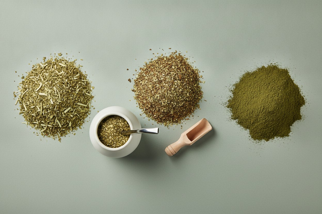 Tres montoncitos de yerba mate de distinta molienda sobre una superficie clara, junto a un mate y una cuchara de madera