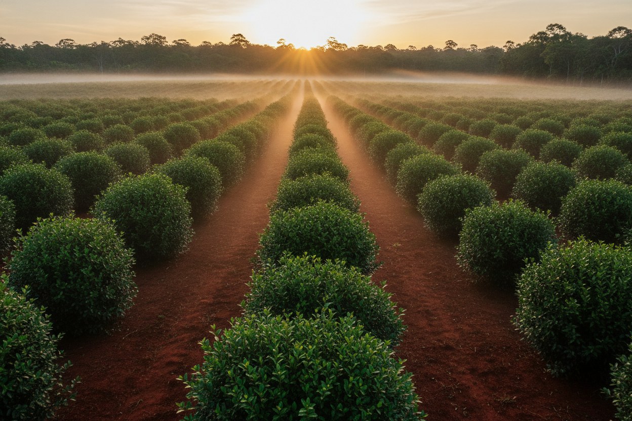 Hileras de plantas de yerba mate sobre tierra colorada al amanecer, con neblina baja entre los surcos