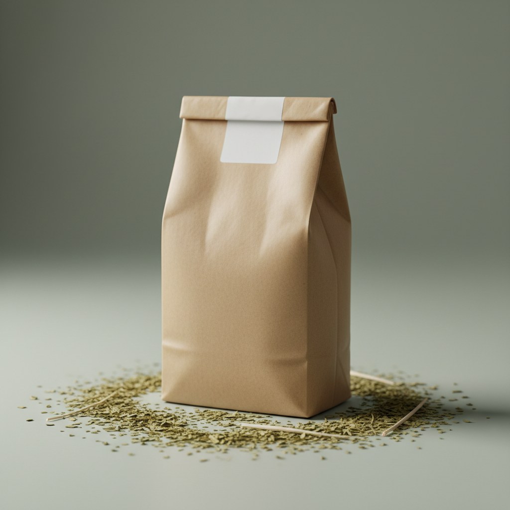 Paquete de yerba de papel kraft sin marca, cerrado con una etiqueta en blanco, junto a hojas de yerba sueltas