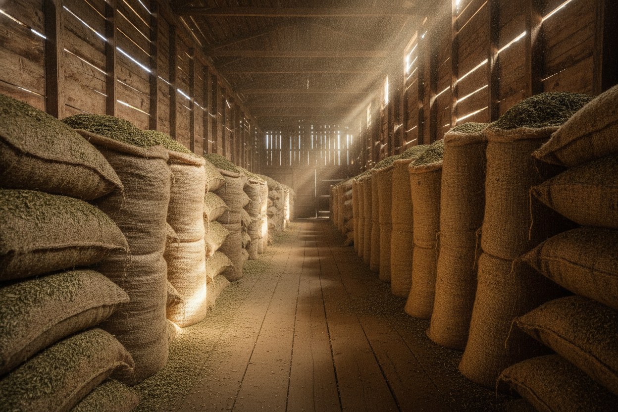Bolsas de arpillera con hoja de yerba estacionando en un galpón de madera, con haces de luz entrando por las aberturas